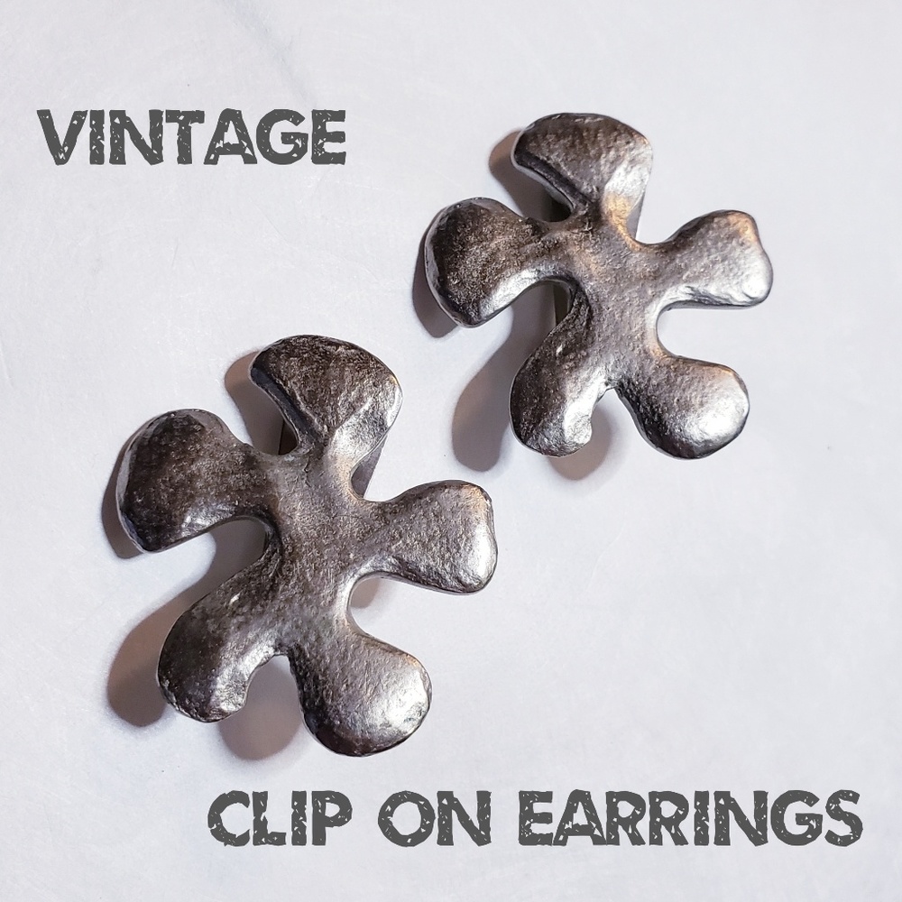 Vintage Silver Tone Clip On Puzzle Piece Earrings